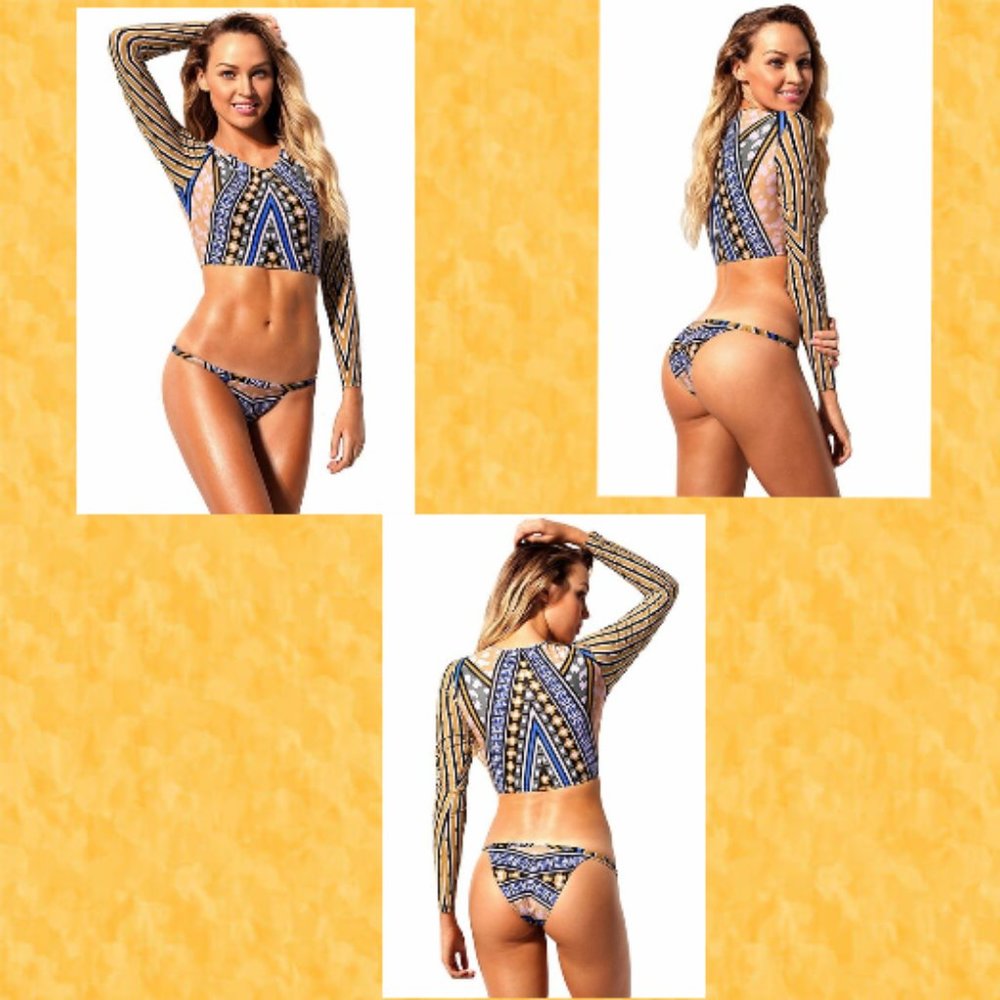 Geometric African Print Long Sleeve Tanga Swimsuit